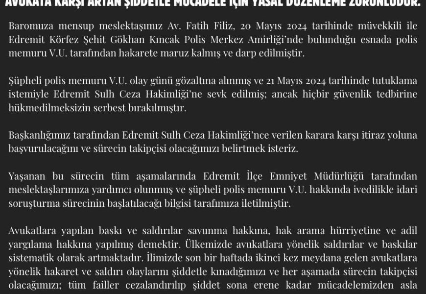 Balıkesir Barosu’ndan Avukatlara Şiddete Karşı Acil Yasal Düzenleme Çağrısı