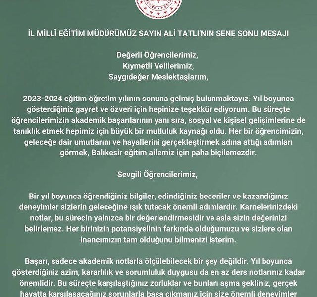 Balıkesir İl Milli Eğitim Müdürü Ali Tatlı’dan Yıl Sonu Mesajı