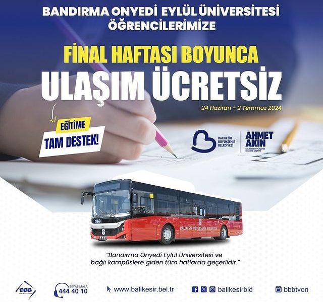 Balıkesir’de Üniversite Öğrencilerine Final Haftasında Ücretsiz Ulaşım