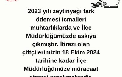2023 Yılı Zeytinyağı Fark Ödemesi Duyurusu