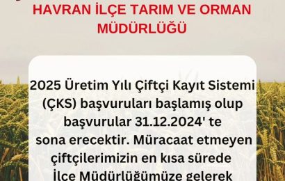 2025 yılı üretim dönemi için Çiftçi Kayıt Sistemi (ÇKS) başvuruları alınmaya başladı