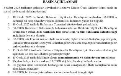 BALIKESİR BÜYÜKŞEHİR BELEDİYESİ’NDEN BALTOK İDDİALARINA CEVAP