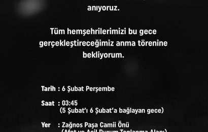 Balıkesir’de Kahramanmaraş Depremlerinin Yıl Dönümünde Anma Töreni Düzenlenecek