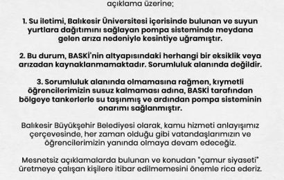 Balıkesir Üniversitesi Yurdunda Su Kesintisi Sorunu Çözüldü