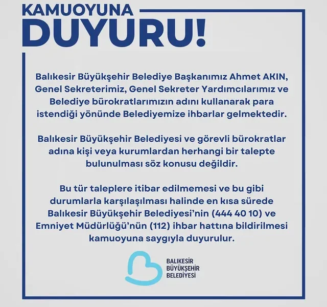 Balıkesir Büyükşehir Belediyesi Adına Para İsteme İddialarına Karşı Uyarı