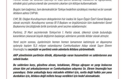 CHP Balıkesir İl Başkanlığı’ndan “Türkiye Cumhuriyeti ve Halkın Partisi Teslim Alınamayacak” Çağrısı