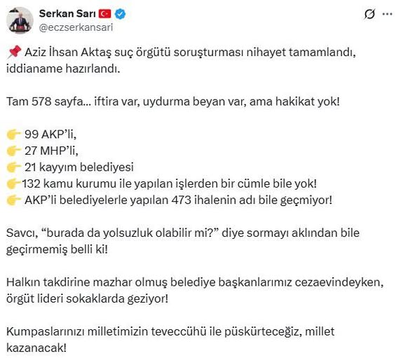 Aziz İhsan Aktaş Suç Örgütü Soruşturmasında İddianame Hazırlandı