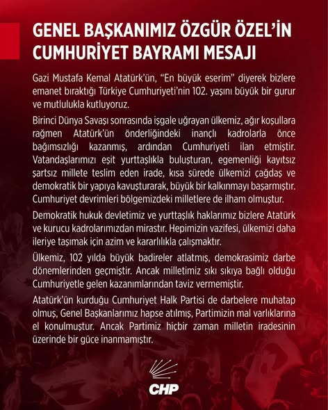 Cumhuriyet’in 100. Yılında Özgür Özel’den Anlamlı Mesaj