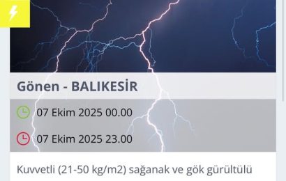Gönen’de Kuvvetli Yağış Uyarısı: 7 Ekim Salı Günü Etkili Olacak